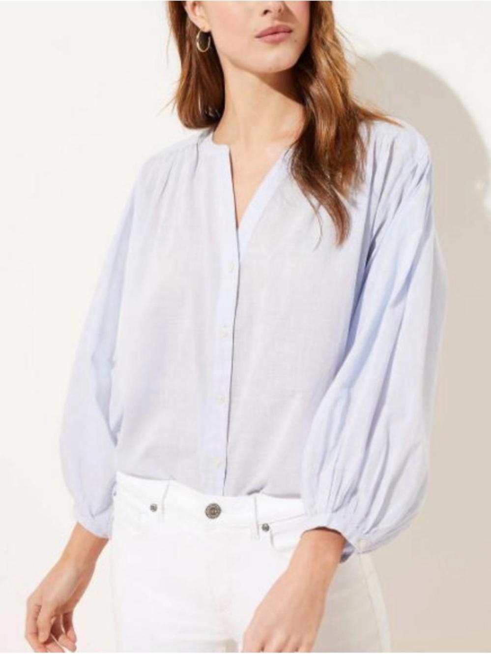 LOFT Button Down Blouse Women S Blue Pinstripe Band Collar Pleated Cotton Top